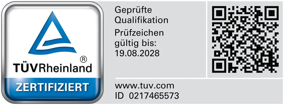 TÜV Rheinland Prüfzeichen „Geprüfte Qualifikation“ mit QR-Code, ID 0217465573