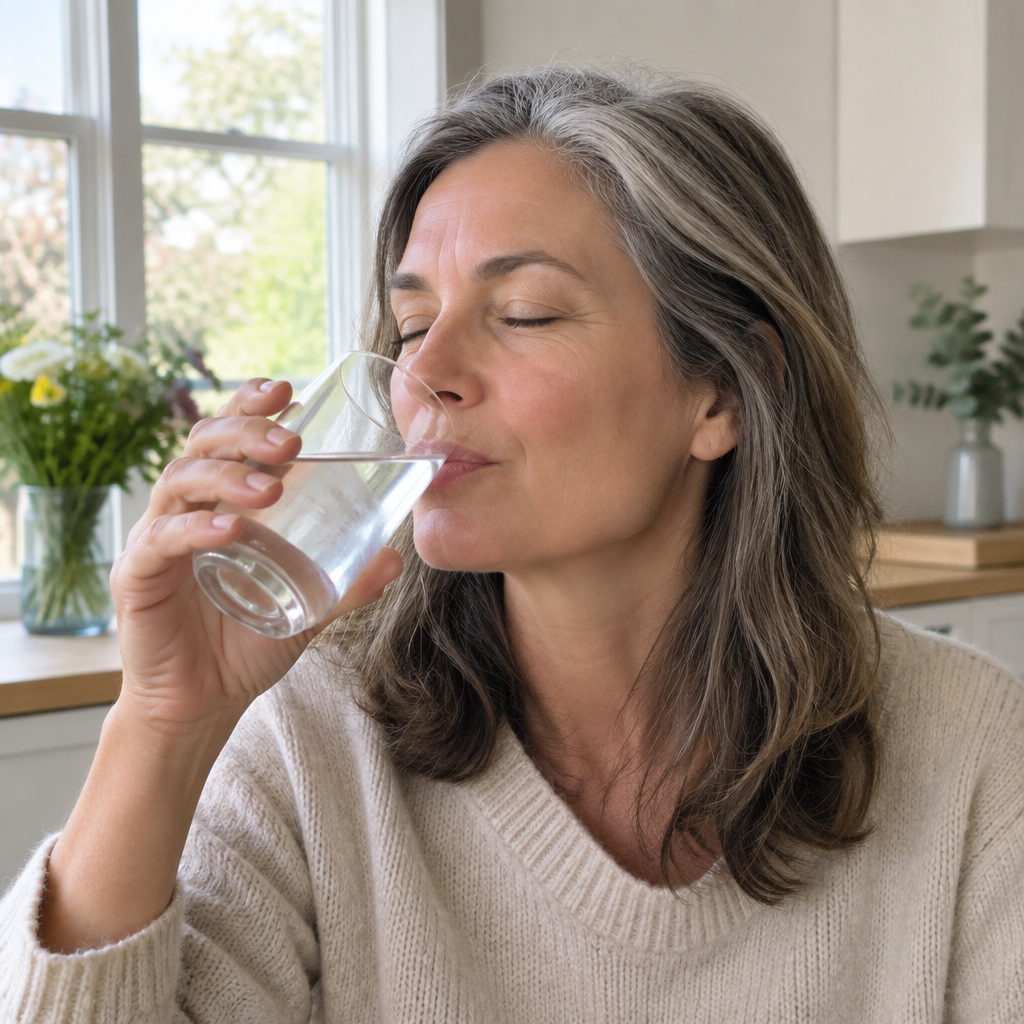 Frau um 50 trinkt ein Glas Wasser