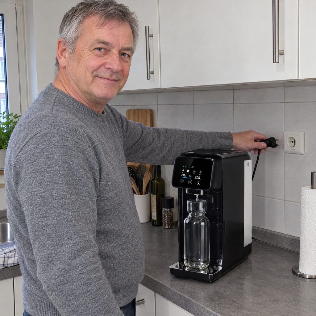 Mann steckt den Stecker des Home One in die Steckdose über der Arbeitsplatte, ohne Wasseranschluss