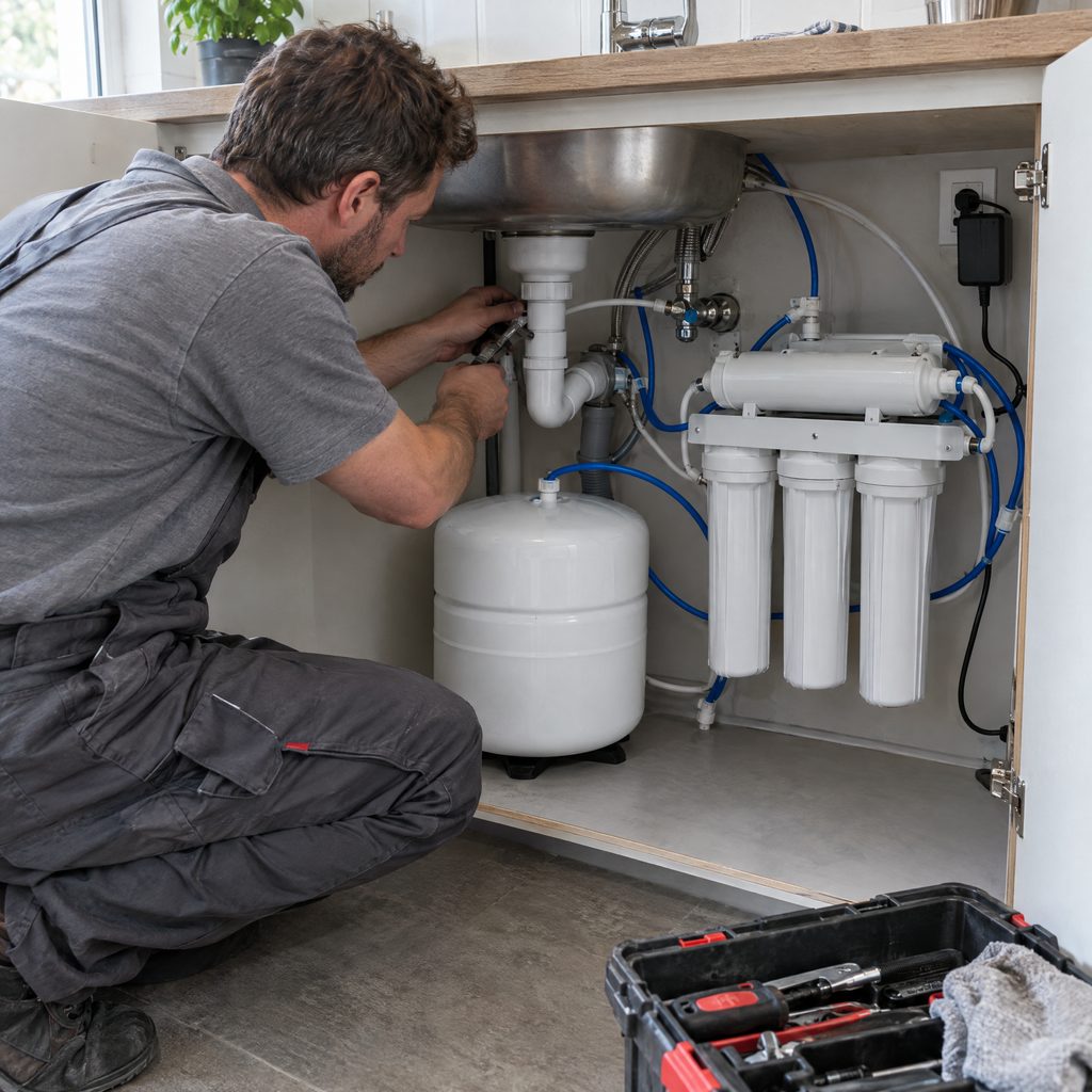 Installateur montiert eine Umkehrosmose-Anlage mit Filtern und Tank unter der Küchenspüle