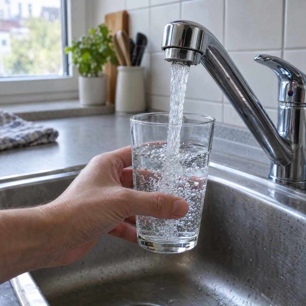Ein Glas wird am Küchenhahn mit Leitungswasser gefüllt