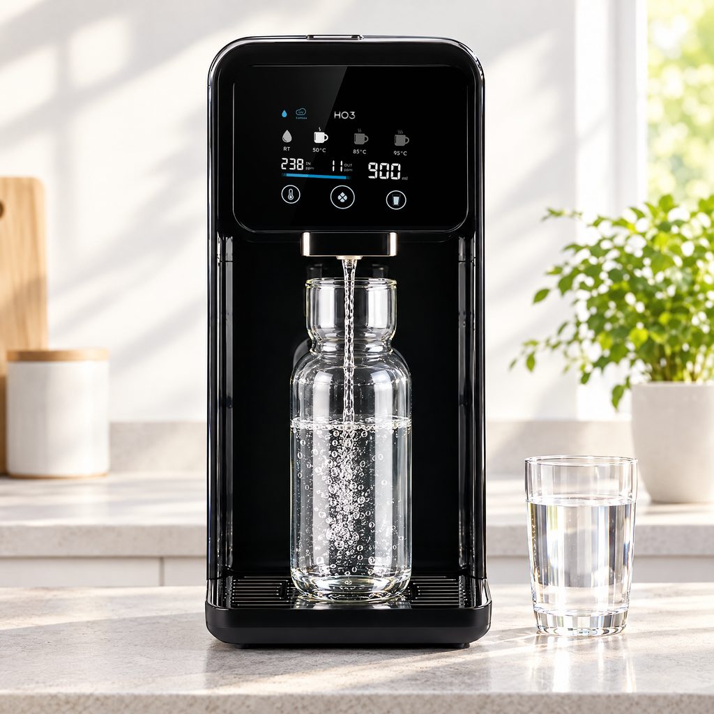 Home One in Schwarz füllt klares Wasser in die Glaskaraffe, daneben ein Glas Wasser