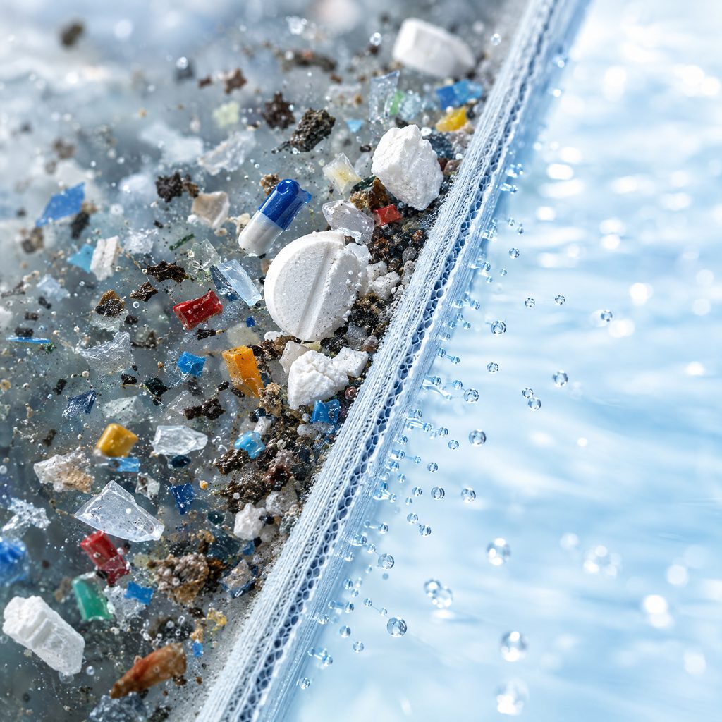 Umkehrosmose-Membran hält Tablettenreste und Mikroplastik zurück, nur Wasser gelangt hindurch