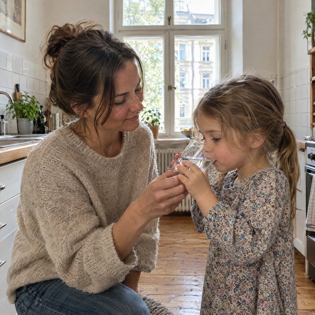 Mutter gibt ihrer kleinen Tochter in einer Altbauküche ein Glas Leitungswasser