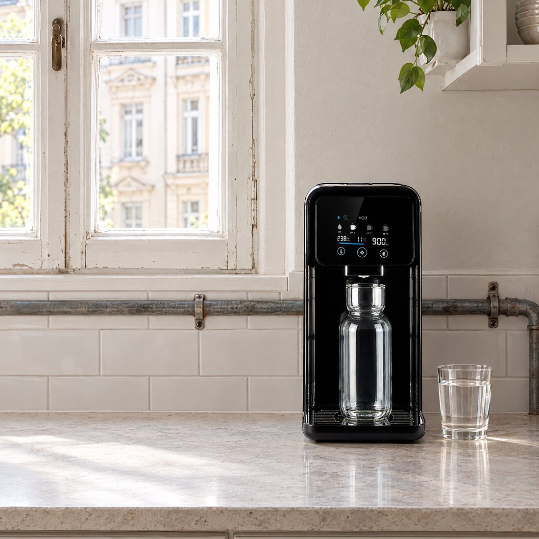 Altbauküche mit alter Wasserleitung an der Wand, davor der Home One mit Karaffe und ein Glas Wasser