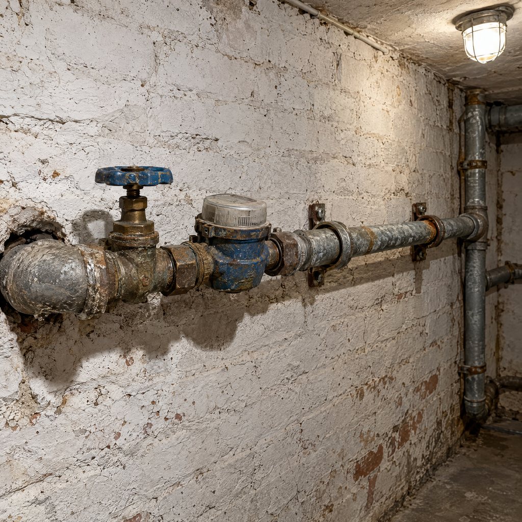 Hausanschluss im Keller eines Altbaus mit Wasserzähler, Absperrventil und alten Leitungen an der Wand