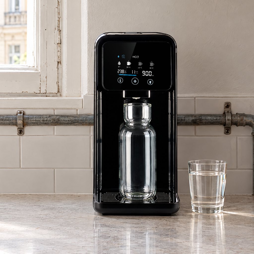 Home One in Schwarz auf der Arbeitsplatte einer Altbauküche vor einer alten Wasserleitung, daneben ein Glas Wasser