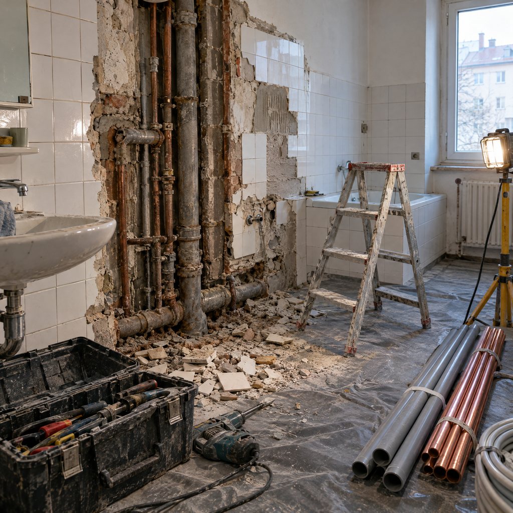Geöffnete Badezimmerwand mit alten Wasserrohren während einer Leitungssanierung im Altbau